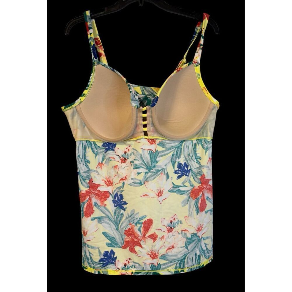 Cacique Women Tankini Swim Top In Yellow Floral Print Lattice Slit Plus Size 40C - Picture 8 of 15